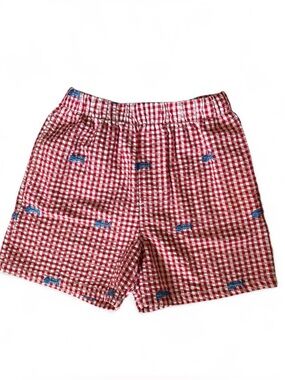 Red Gingham Shorts with Blue Embroidered Fish Bones | Nautical | Kelly's Kids